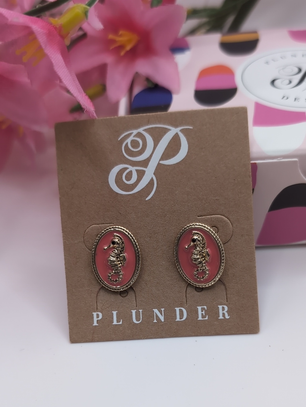 Plunder Gold Seahorse Oval Coral Enamel Stud Earrings New In Box
